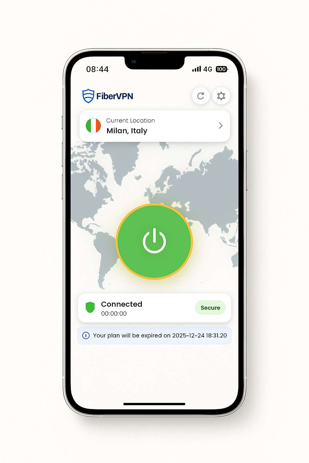 FiberVPN app running on iPhone
